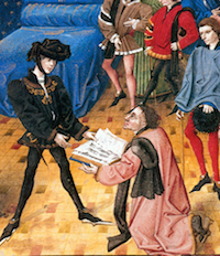 Detail of painting showing presentation by Jean Miélot to "Philip the Good," Duke of Burgundy, of his translation of the Traité sur l